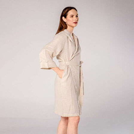 Kapüşonlu Kadın Müslin Bornoz Bej