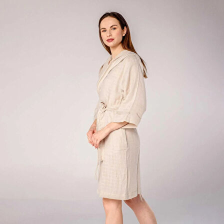 Kapüşonlu Kadın Müslin Bornoz Bej