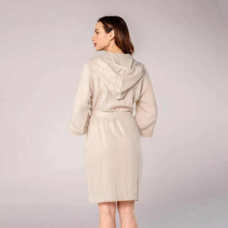 Kapüşonlu Kadın Müslin Bornoz Bej