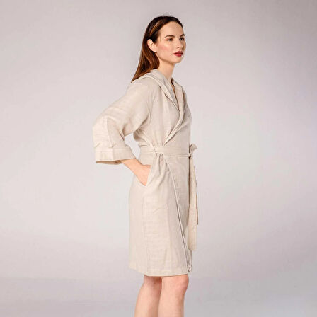 Kapüşonlu Kadın Müslin Bornoz Bej