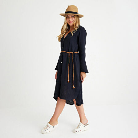 %100 Pamuklu Dokuma Müslin Hakim Yaka Kemer Detaylı Plaj Gömlek Elbise