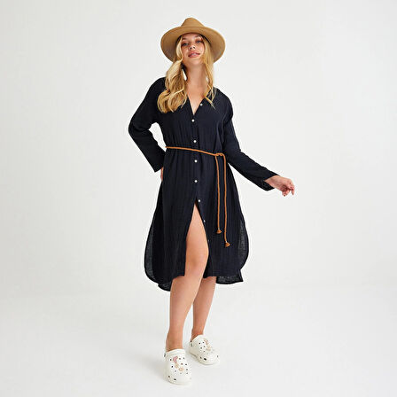 %100 Pamuklu Dokuma Müslin Hakim Yaka Kemer Detaylı Plaj Gömlek Elbise