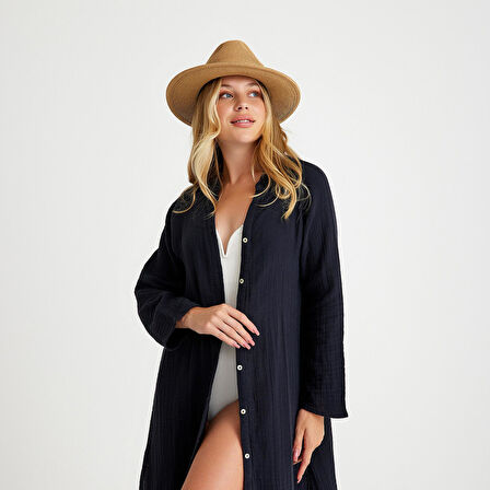 %100 Pamuklu Dokuma Müslin Hakim Yaka Kemer Detaylı Plaj Gömlek Elbise