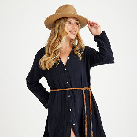 %100 Pamuklu Dokuma Müslin Hakim Yaka Kemer Detaylı Plaj Gömlek Elbise