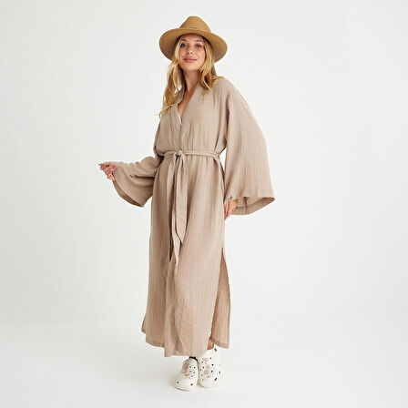 %100 Pamuklu Dokuma Beli Kuşaklı Maxi Kadın Kimono Kaftan