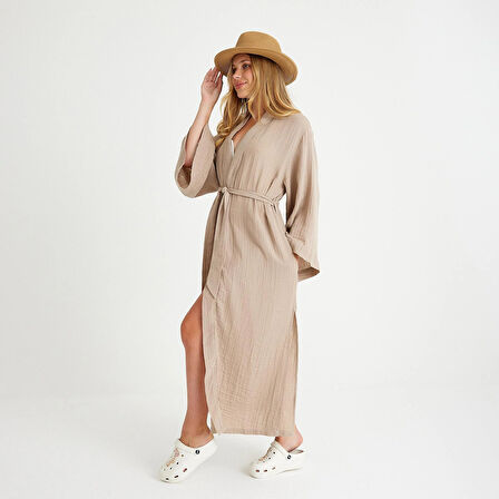 %100 Pamuklu Dokuma Beli Kuşaklı Maxi Kadın Kimono Kaftan