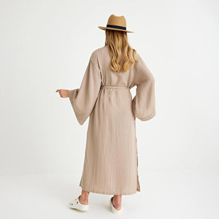%100 Pamuklu Dokuma Beli Kuşaklı Maxi Kadın Kimono Kaftan