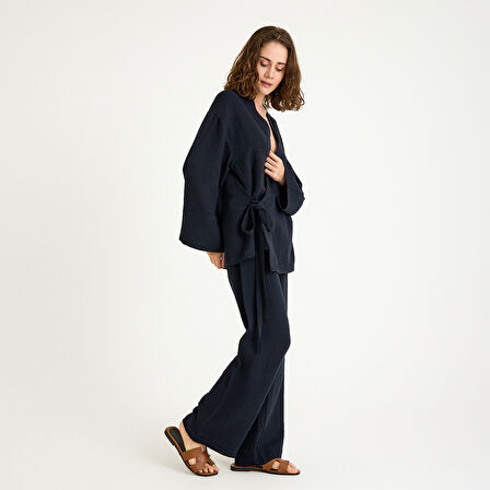%100 Pamuklu Dokuma İçten Bağlamalı Müslin Kimono-Pantolon Alt Üst Takım