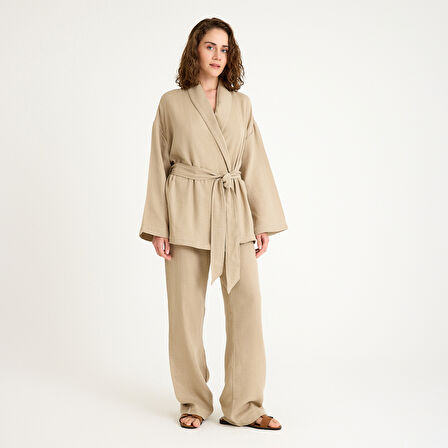 %100 Pamuklu Dokuma Şal Yaka Müslin Kimono-Pantolon Alt Üst Takım