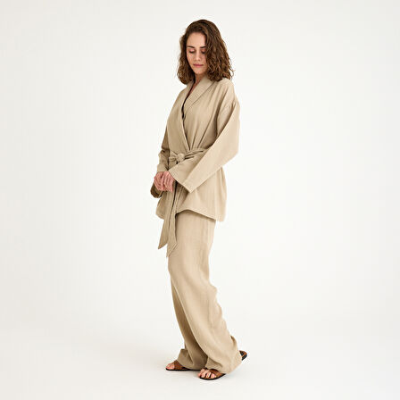 %100 Pamuklu Dokuma Şal Yaka Müslin Kimono-Pantolon Alt Üst Takım