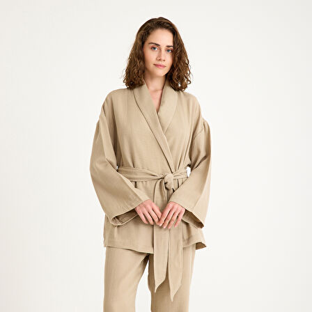 %100 Pamuklu Dokuma Şal Yaka Müslin Kimono-Pantolon Alt Üst Takım