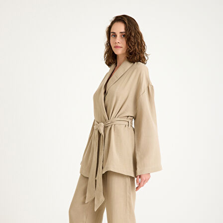 %100 Pamuklu Dokuma Şal Yaka Müslin Kimono-Pantolon Alt Üst Takım