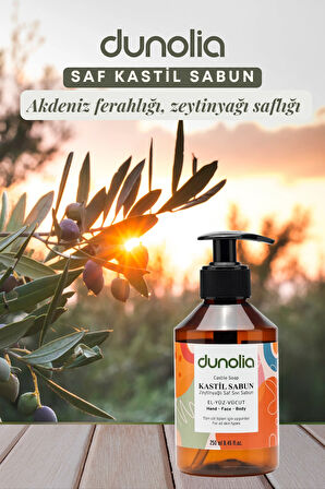 Dunolia Zeytinyağlı Kastil Sıvı Sabun Hassas Ciltler Egzama Kuruluk Nemlendirici Arındırıcı Vegan El Yüz Vücut 250 ml