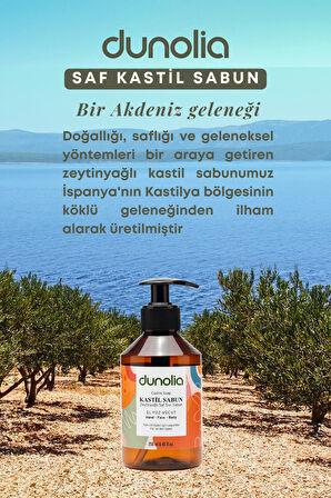 Dunolia Zeytinyağlı Kastil Sıvı Sabun Hassas Ciltler Egzama Kuruluk Nemlendirici Arındırıcı Vegan El Yüz Vücut 250 ml