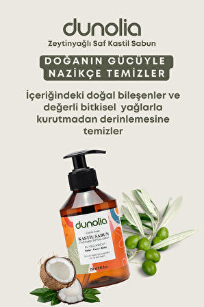 Dunolia Zeytinyağlı Kastil Sıvı Sabun Hassas Ciltler Egzama Kuruluk Nemlendirici Arındırıcı Vegan El Yüz Vücut 250 ml