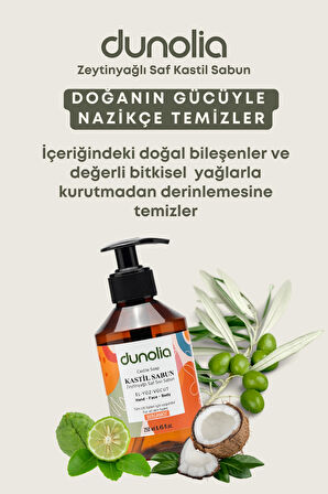 Dunolia Zeytinyağlı Kastil Sıvı Sabun Bergamot Kokulu Hassas Ciltler Egzama Kuruluk Nemlendirici Arındırıcı Vegan El Yüz Vücut 250 ml