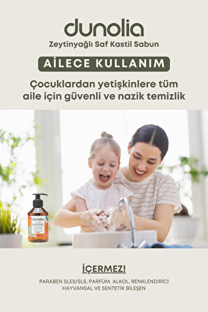 Dunolia Zeytinyağlı Kastil Sıvı Sabun Bergamot Kokulu Hassas Ciltler Egzama Kuruluk Nemlendirici Arındırıcı Vegan El Yüz Vücut 250 ml
