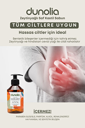 Dunolia Zeytinyağlı Kastil Sıvı Sabun Bergamot Kokulu Hassas Ciltler Egzama Kuruluk Nemlendirici Arındırıcı Vegan El Yüz Vücut 250 ml