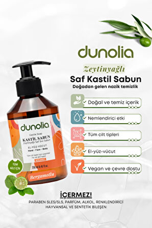Dunolia Zeytinyağlı Kastil Sıvı Sabun Bergamot Kokulu Hassas Ciltler Egzama Kuruluk Nemlendirici Arındırıcı Vegan El Yüz Vücut 250 ml