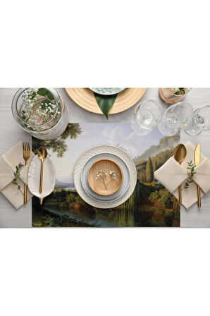 Yeşil Orman Manazaralı Kumaş Amerikan Servis 4'lü Set 35x50cm