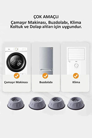4 Adet Çamaşır, Buzdolabı, Bulaşık Makinesi Titreşim Önleyici Yükseltici Beyaz Eşya Altlığı Ayağı