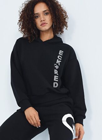 HILL Kapüşonlu V Yaka Uzun Kol Baskılı Siyah Kadın Sweatshirt