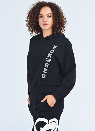 HILL Kapüşonlu V Yaka Uzun Kol Baskılı Siyah Kadın Sweatshirt