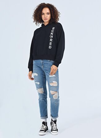 HILL Kapüşonlu V Yaka Uzun Kol Baskılı Siyah Kadın Sweatshirt