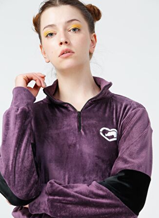 SARA Mor Kadife Fermuarlı Kadın Sweatshirt