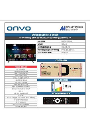 ONVO 65OVF9000UQ 65 inç 165 Ekran Uydu 