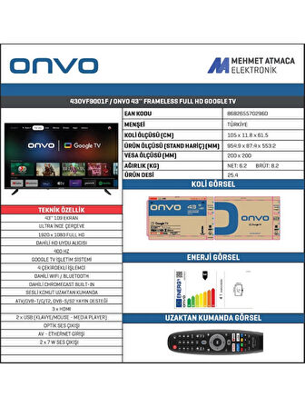 Onvo 43OVF9001F Frameless Full HD 43" 109 Ekran Uydu Alıcılı Google Smart LED TV