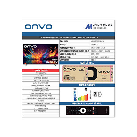 Onvo 75OVF9001UQ 75" 190 Ekran 4K Ultra HD Google Smart QLED TV