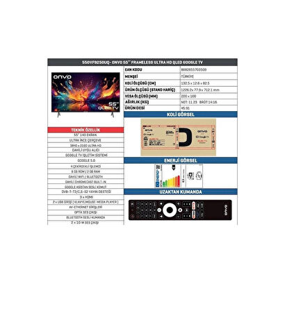 Onvo 55OVF9250UQ 4K Ultra HD 55" 140 Ekran Uydu Alıcılı Google Smart QLED TV