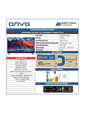 Onvo 40OVF6000F 40" 102 Ekran Uydu Alıcılı Full HD Android Smart LED TV