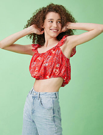 Crop Bluz Desenli Fırfırlı