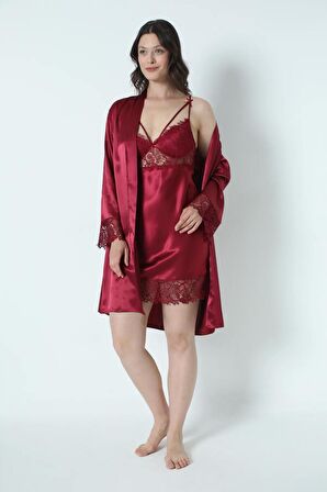 Bordo Saten Gecelik Sabahlık Pijama Takım Şort Takım 6'lı Gelin Çeyiz Seti 8670