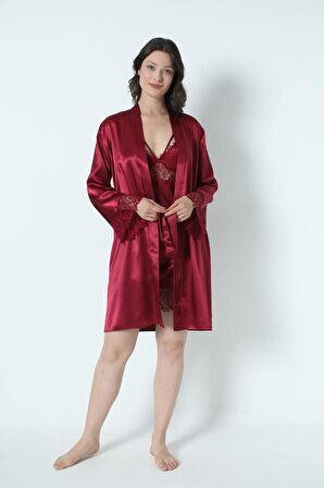 Bordo Saten Gecelik Sabahlık Pijama Takım Şort Takım 6'lı Gelin Çeyiz Seti 8670
