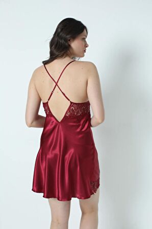 Bordo Saten Gecelik Sabahlık Pijama Takım Şort Takım 6'lı Gelin Çeyiz Seti 8670