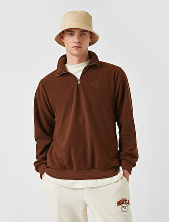 Buldog İşlemeli Yarım Fermuarlı Sweatshirt