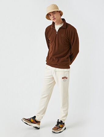 Buldog İşlemeli Yarım Fermuarlı Sweatshirt