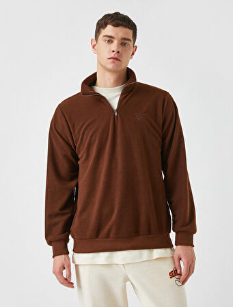 Buldog İşlemeli Yarım Fermuarlı Sweatshirt