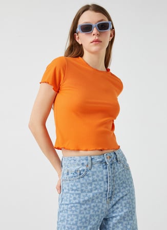 Koton 2YAL18276OK Yuvarlak Yaka Kısa Kollu  Normal Kalıp  Turuncu Kadın T-Shirt