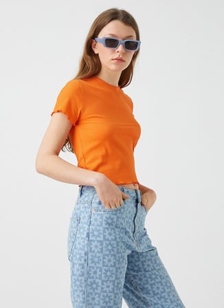 Koton 2YAL18276OK Yuvarlak Yaka Kısa Kollu  Normal Kalıp  Turuncu Kadın T-Shirt