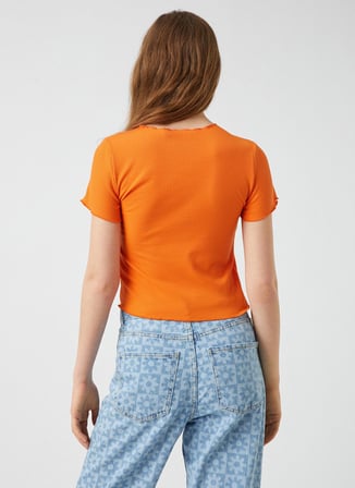 Koton 2YAL18276OK Yuvarlak Yaka Kısa Kollu  Normal Kalıp  Turuncu Kadın T-Shirt