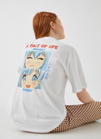 Koton 2YAL18991IK Yuvarlak Yaka Kısa Kollu  Normal Kalıp  Koyu Beyaz Kadın T-Shirt