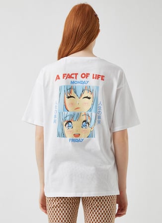 Koton 2YAL18991IK Yuvarlak Yaka Kısa Kollu  Normal Kalıp  Koyu Beyaz Kadın T-Shirt