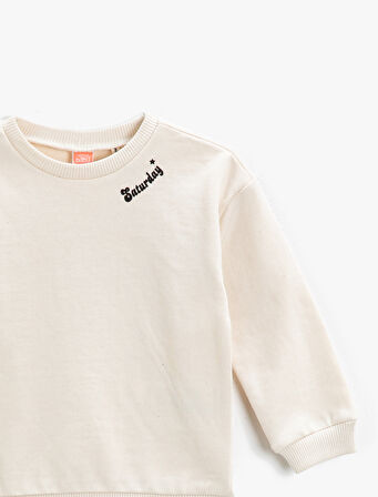 Saturday Baskılı Sweatshirt Bisiklet Yaka Pamuklu