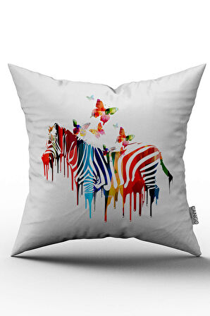 Çift Taraflı Beyaz Çok Renkli Zebra Figürlü Dijital Baskılı Kırlent Kılıfı - OTYK615-CT
