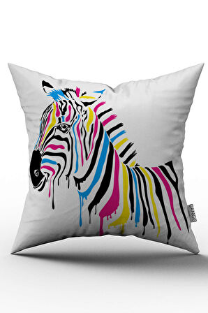 Çift Taraflı Beyaz Çok Renkli Zebra Figürlü Dijital Baskılı Kırlent Kılıfı - OTYK612-CT