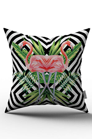 Çift Taraflı Siyah Beyaz Geometrik Tropikal Flamingo Desenli Dijital Baskılı Kırlent Kılıfı - OTYK528-CT